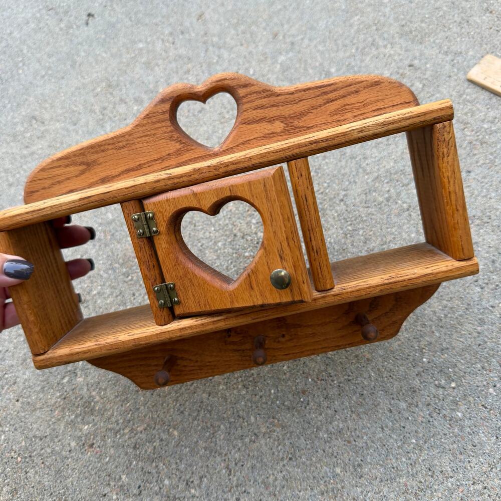 Vintage 90s Oak Heart Door Cutout Trinket Shelf Key Rack Wall Hanging 12"x9"